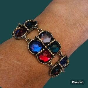 Vtg 1980s Medieval Fantasy Rainbow Acrylic Gem Chunky Bracelet